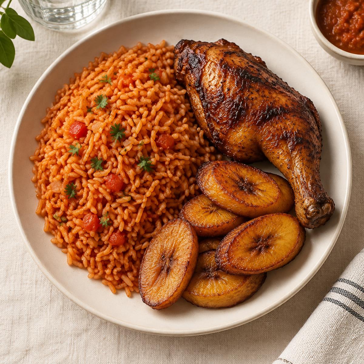 Jollof rice with dodo and grilled chicken